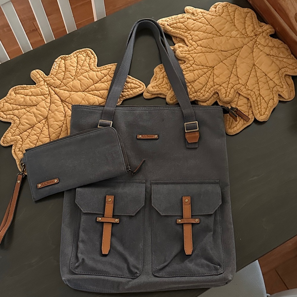 LL BEAN Gray Canvas Tote Bag with Wallet, brand new never used.